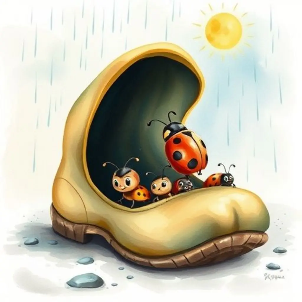 Grumpy el zapato sonríe mientras las mariquitas exploran su interior y se refugian de la lluvia.