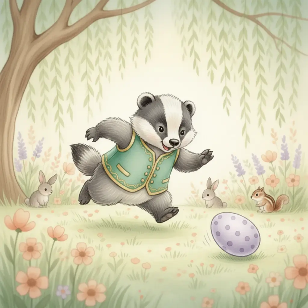 El tejón Bruno corre tras el huevo que rueda por una colina de flores.