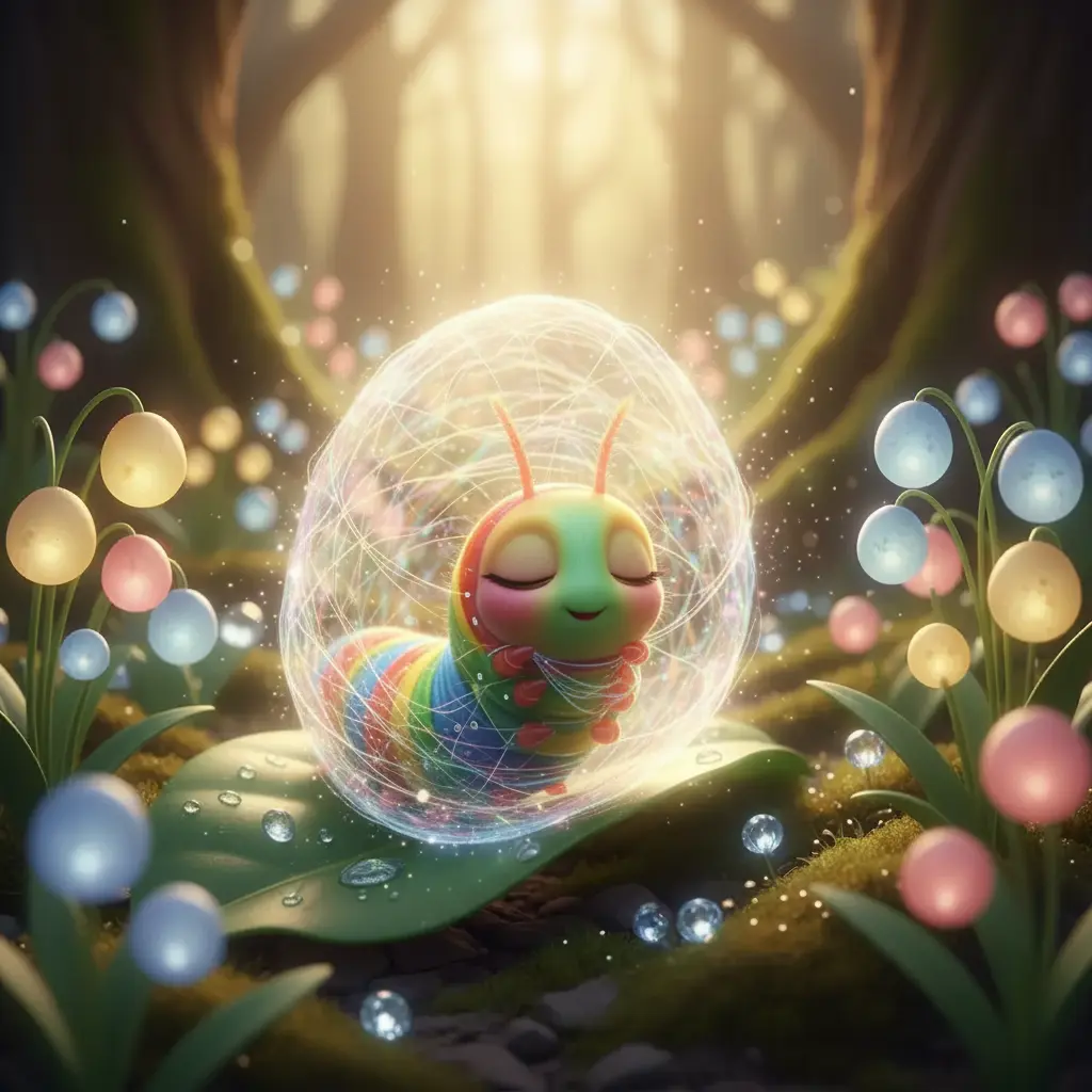 Teodora teje su capullo iridiscente con los colores de las flores.