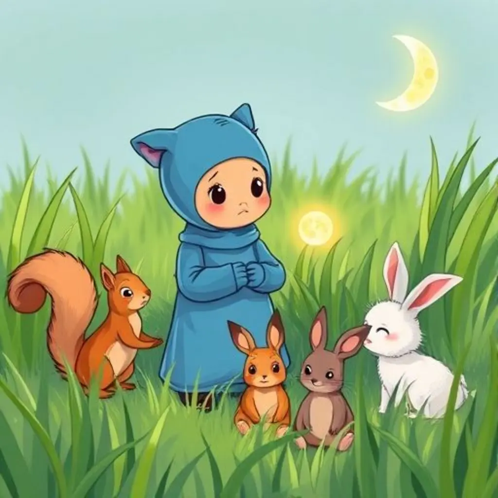 Diro busca su botón en el pasto, mientras una ardilla y conejos lo ayudan.