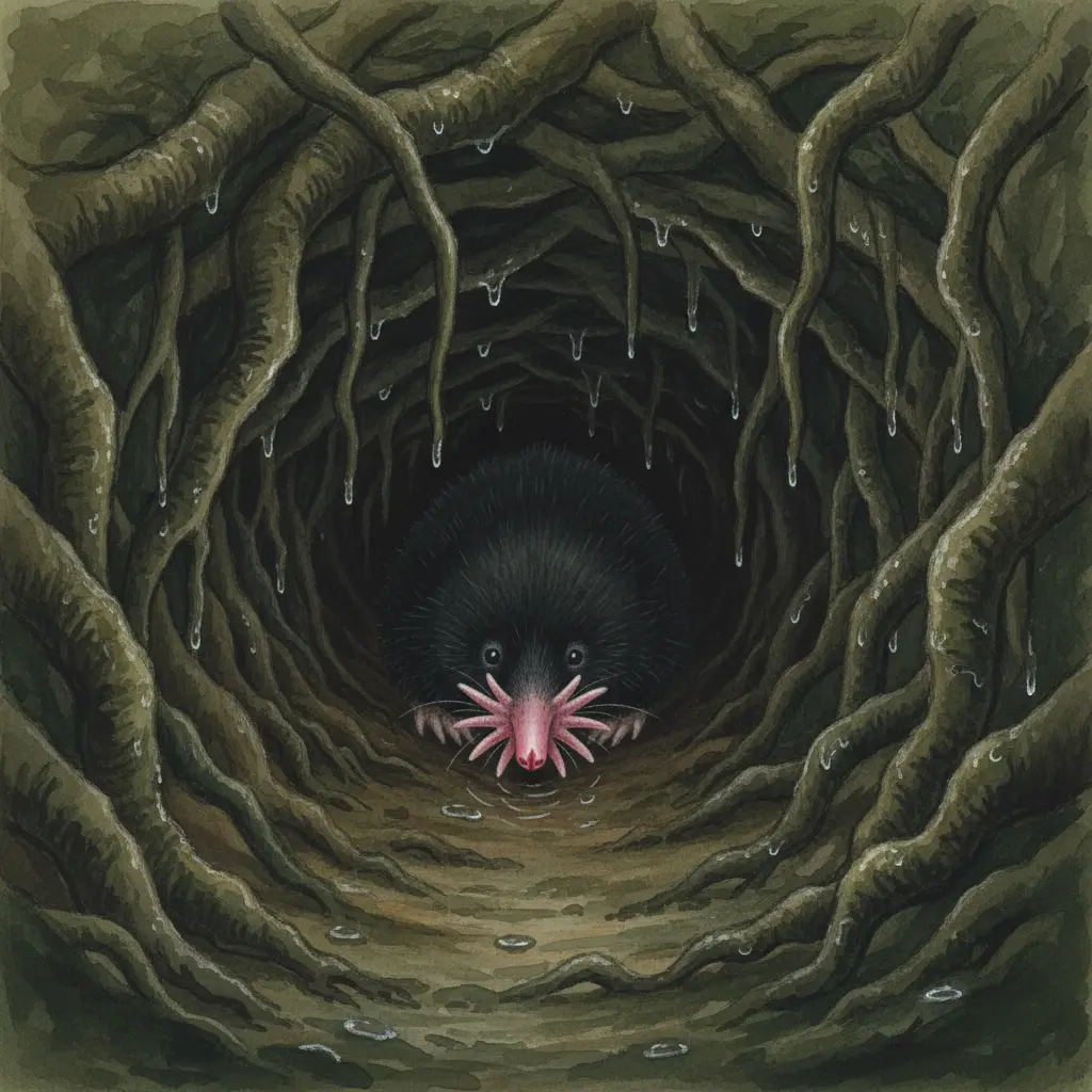 Un topo de terciopelo negro recorriendo un túnel oscuro lleno de raíces húmedas.
