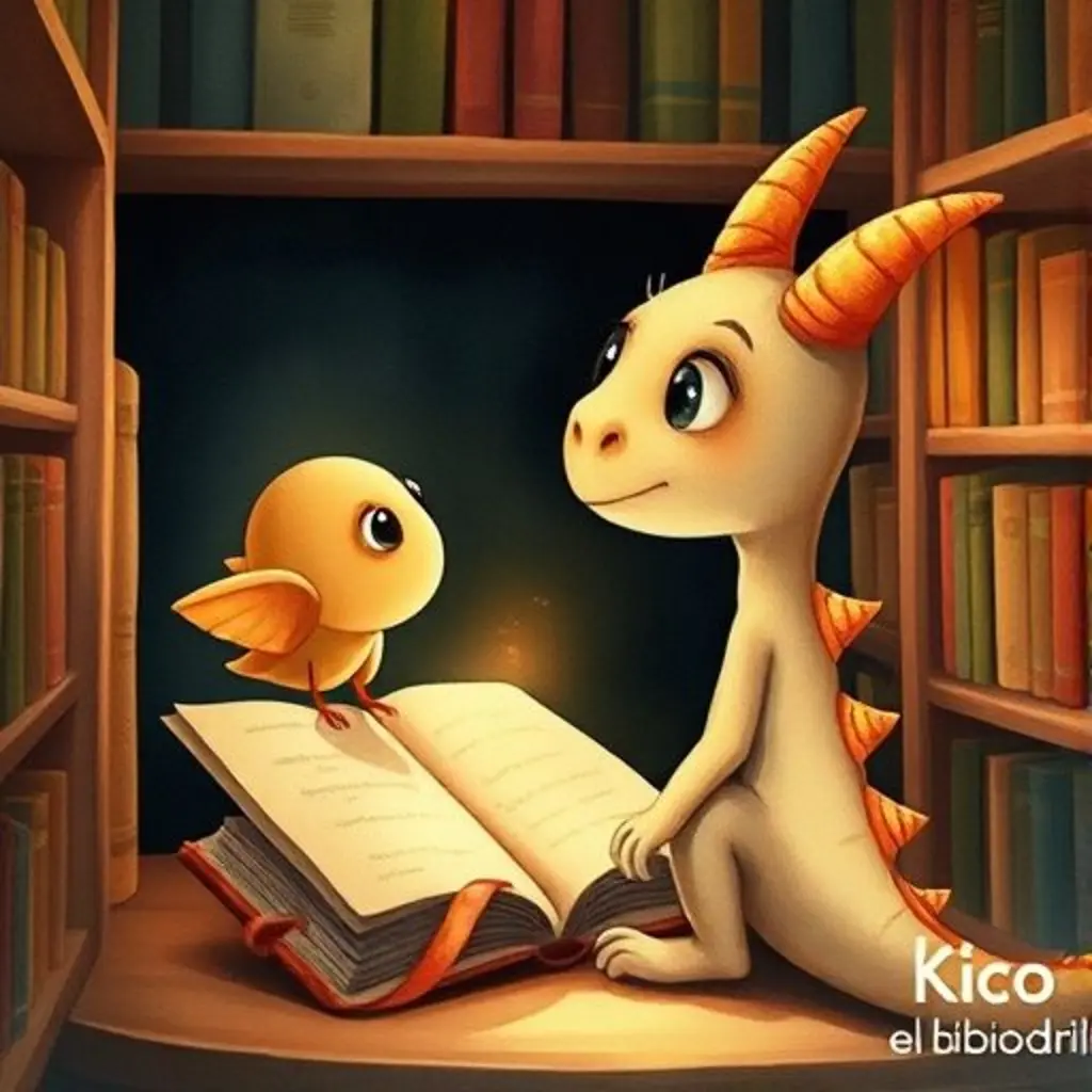 Kico el Bibliodrilo encuentra una Luminaria brillante saliendo de un libro en una biblioteca oscura.