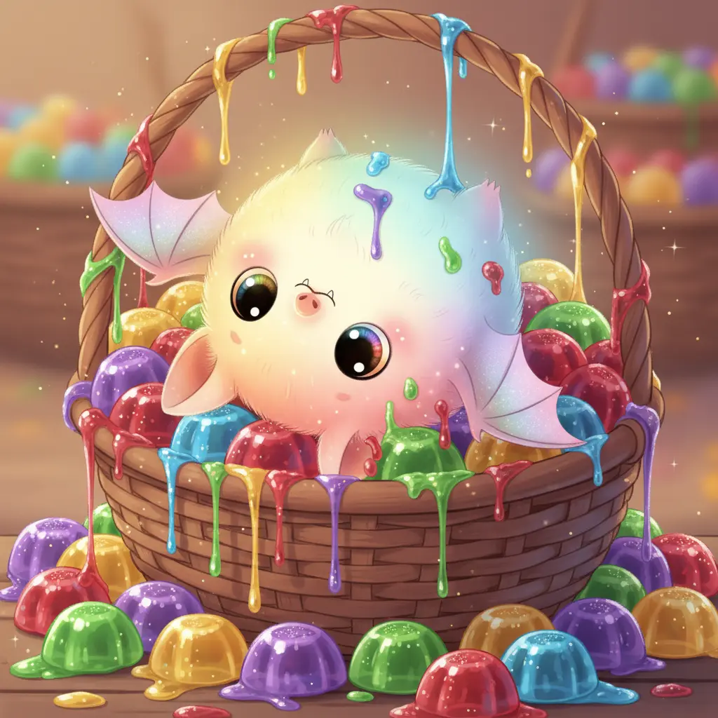 Melo cae de cabeza en una canasta de caramelos de gelatina, que se pegan a sus alas y lo hacen brillar.