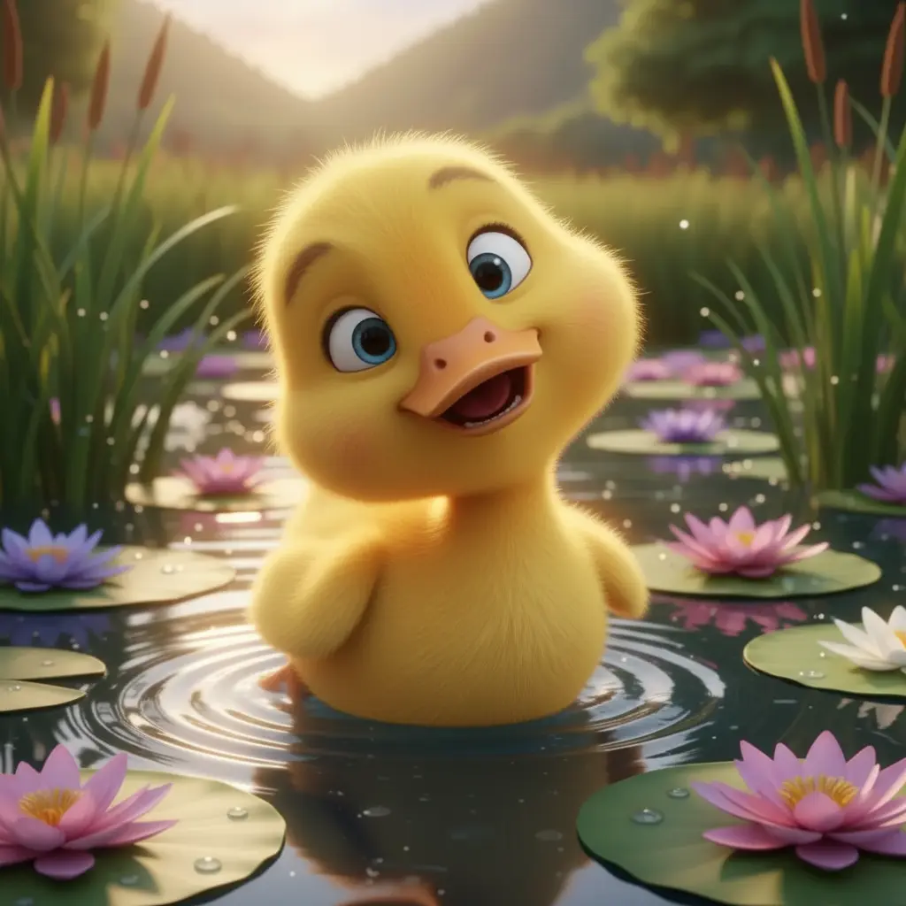 El patito Pata-Pata mira con curiosidad las grandes flores de nenúfar en el estanque.