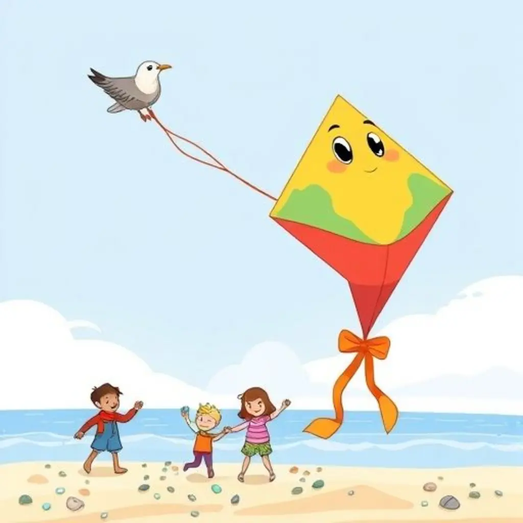 Nuditos vuela felizmente sobre la playa, viendo a los niños disfrutar de los tesoros que ha descubierto.