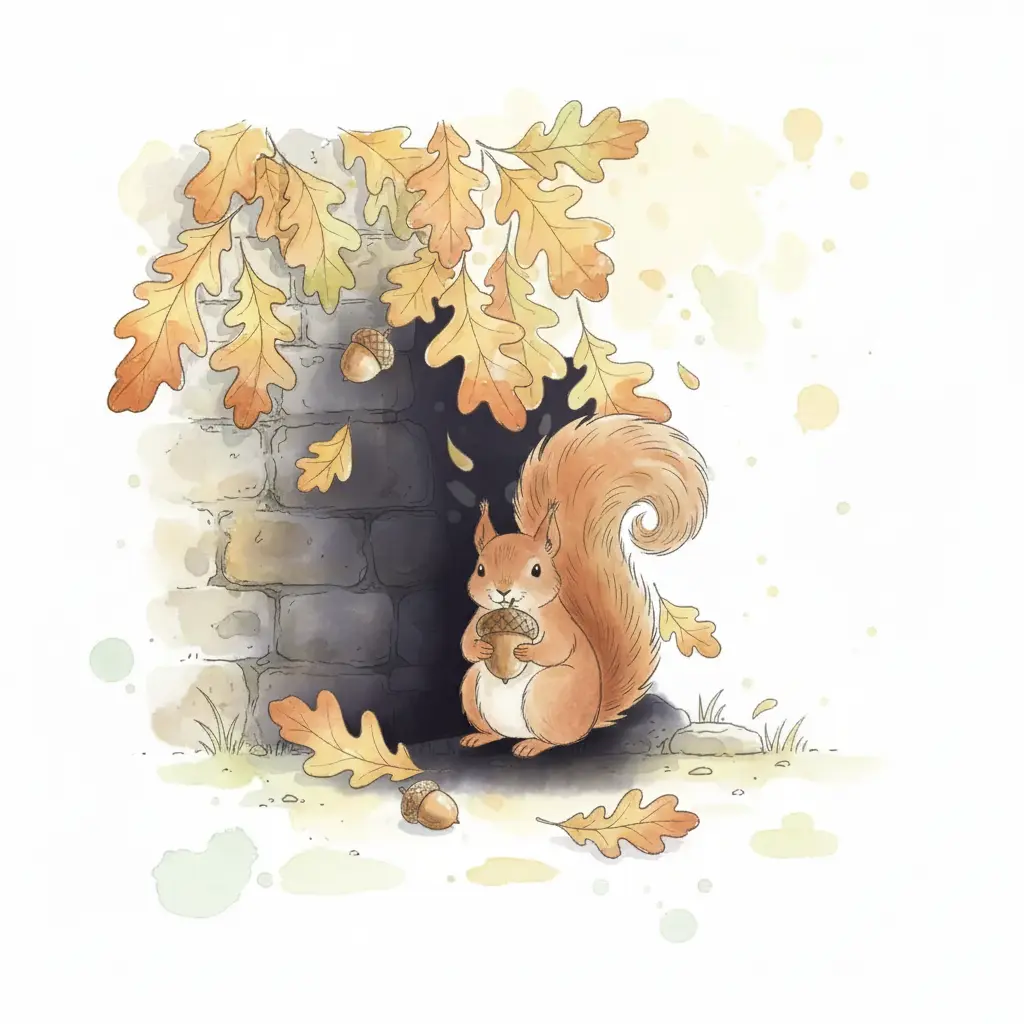 Se ven la cola y unas patitas pequeñas sosteniendo una bellota sobre el muro.