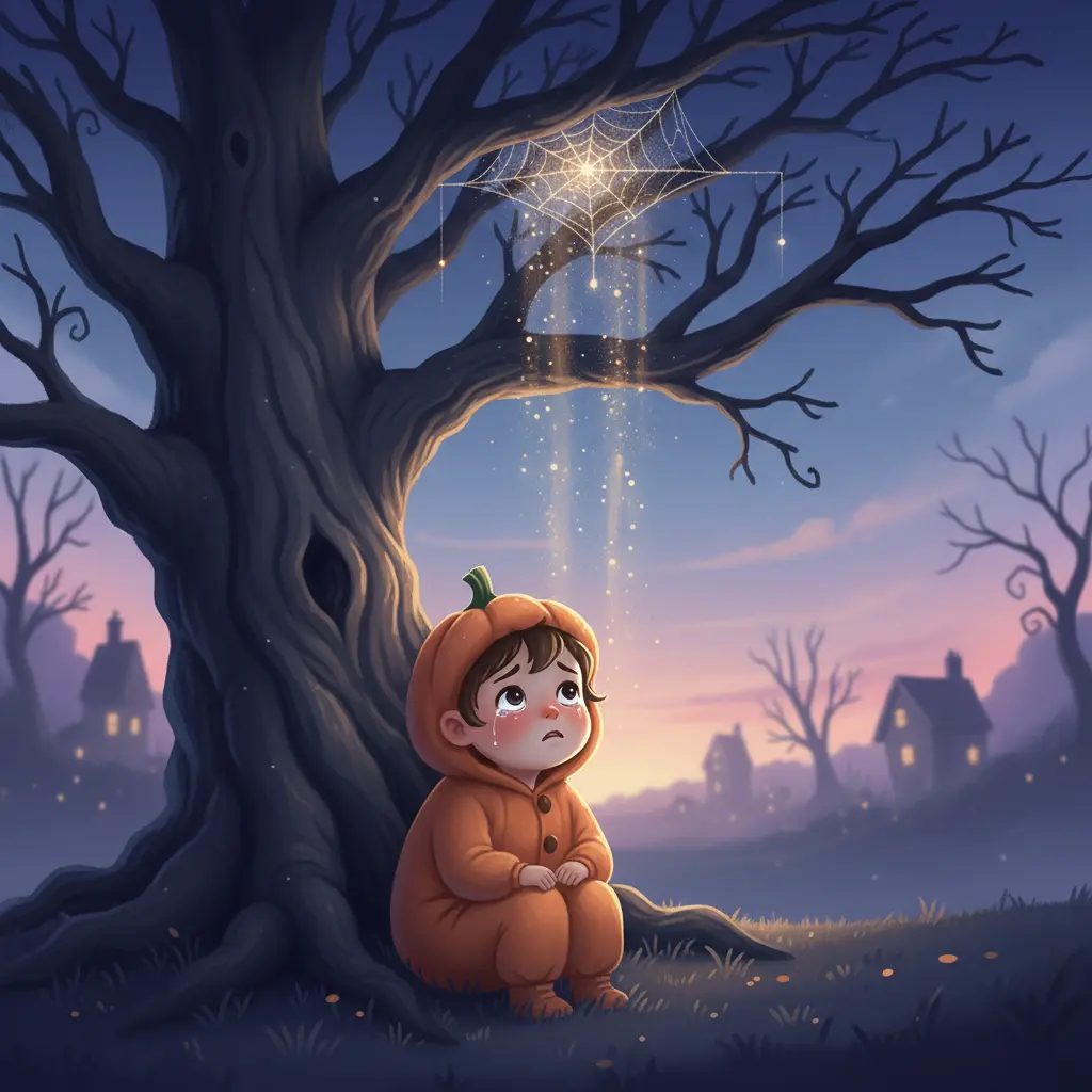 Un niño asustado se esconde bajo un árbol en Halloween.