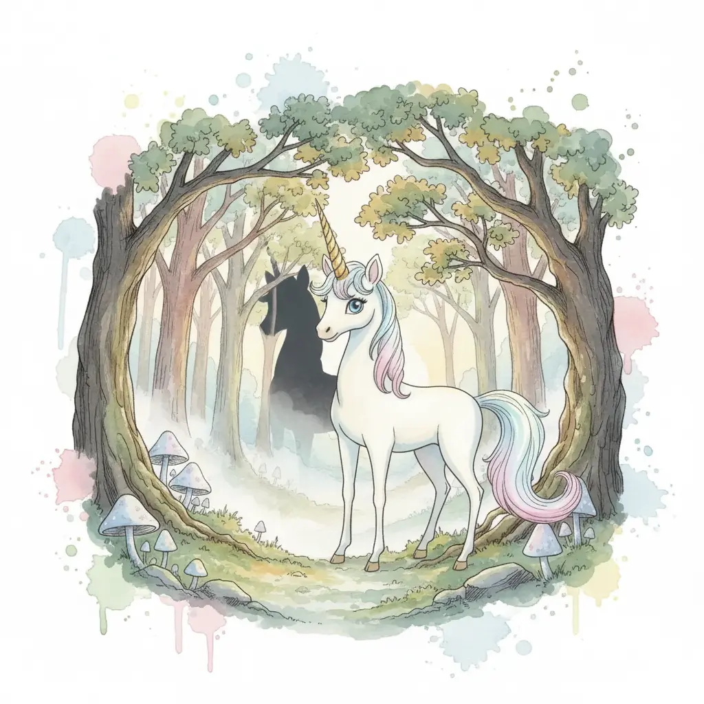 La cabeza de un unicornio con un cuerno dorado aparece junto a sus patas y cola.