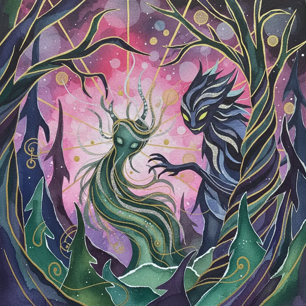 Brillo se aventura en un rincón oscuro del bosque, donde una criatura astuta lo observa.