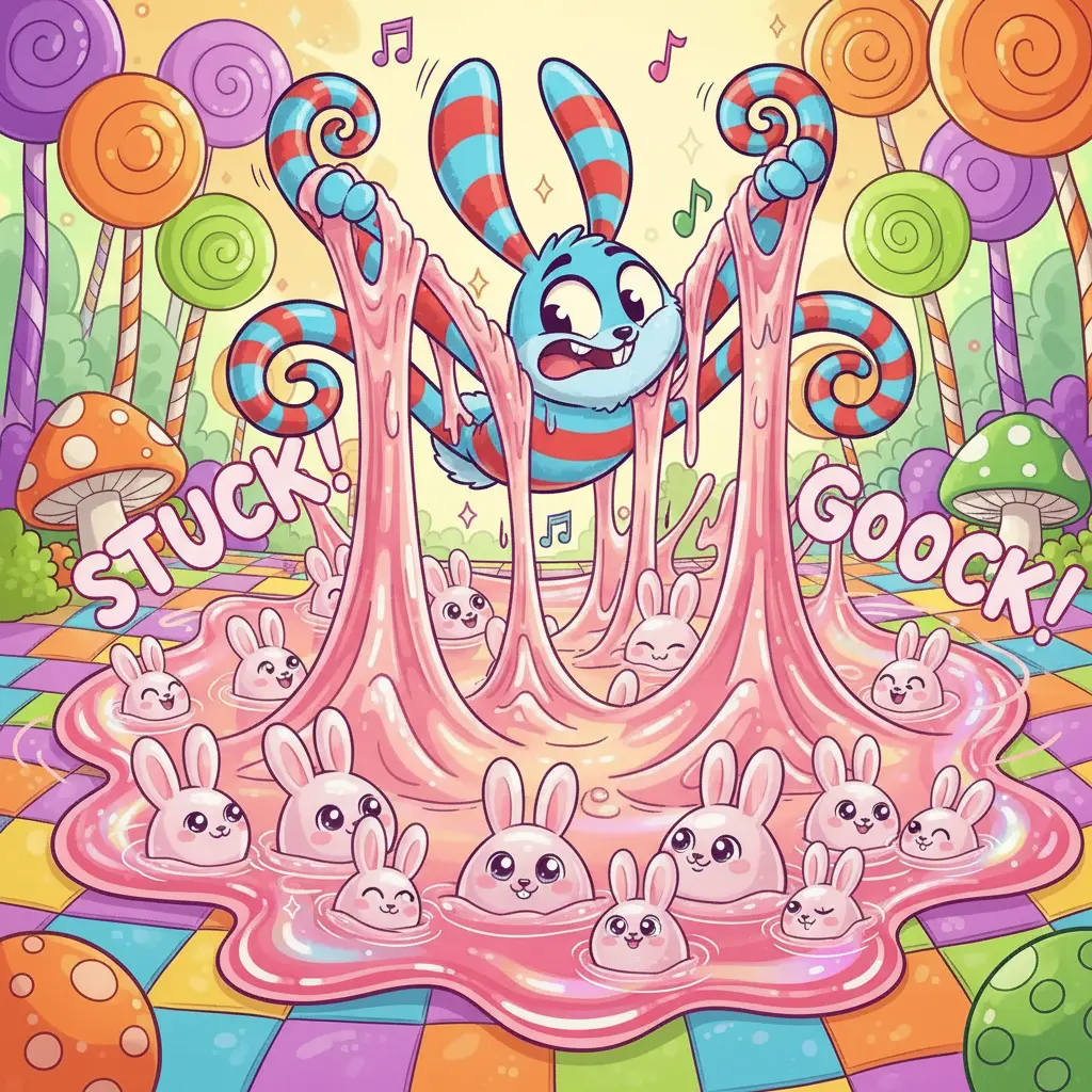 Los conejitos de gelatina persiguen al Conejo Saltimbanqui, haciendo 'boing'.