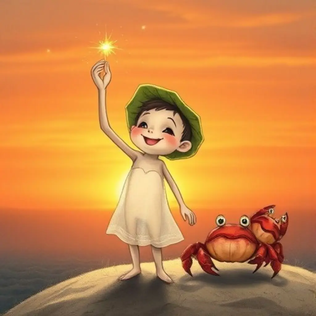 Mumo, feliz, sostiene la chispa encontrada con sus amigos cangrejos, y el atardecer brilla más.