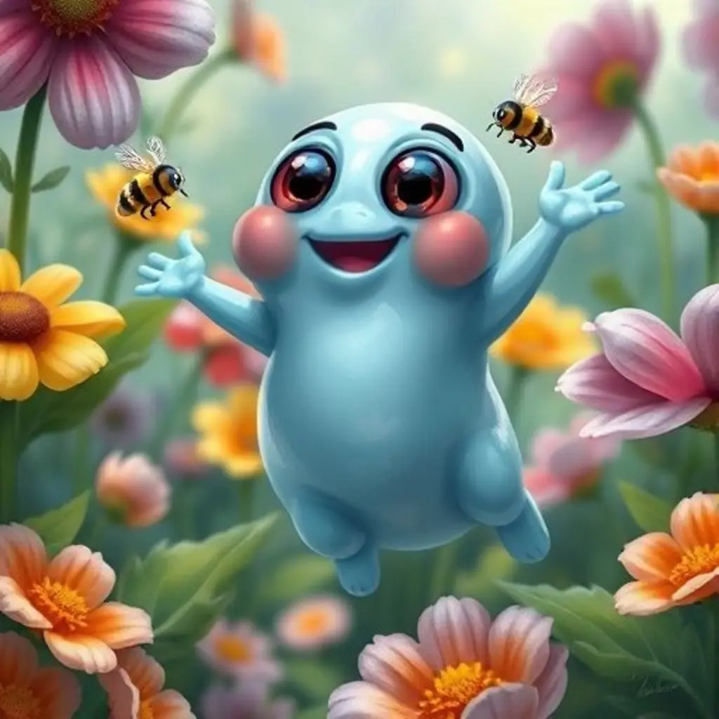 Gomito se cae con una sonrisa mientras una abeja le saluda en el jardín.