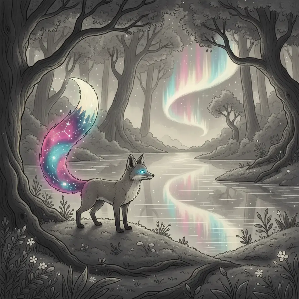 Un pequeño zorro con cola de estrellas camina por un bosque sereno.