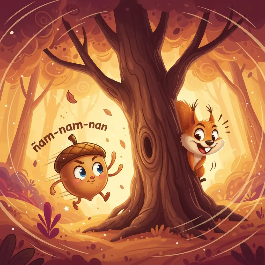 Nuez Hiperactiva corre y se esconde mientras la bellota Rodadora Veloz la sigue de cerca.