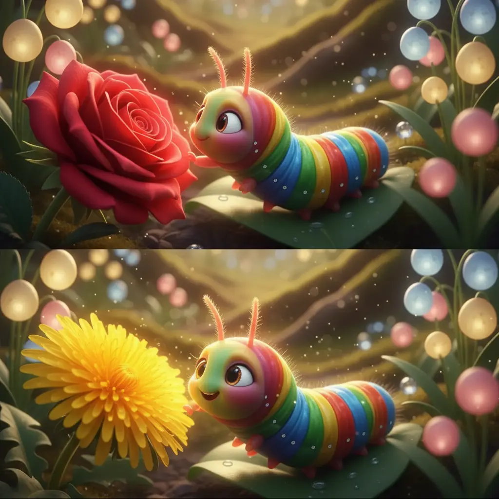 Teodora recibe colores de una rosa roja y un diente de león amarillo.