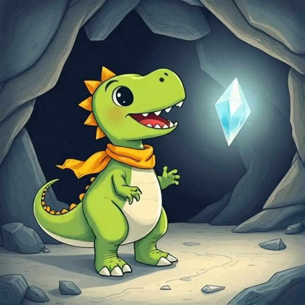 Dino, un dinosaurio verde, ruge hacia un cristal azul brillante en una cueva.