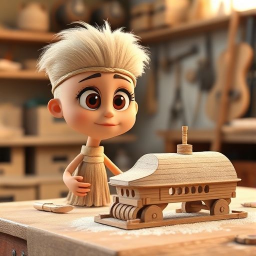 Cleta la escoba, curiosa, mira una maqueta de madera cubierta de polvo fino.