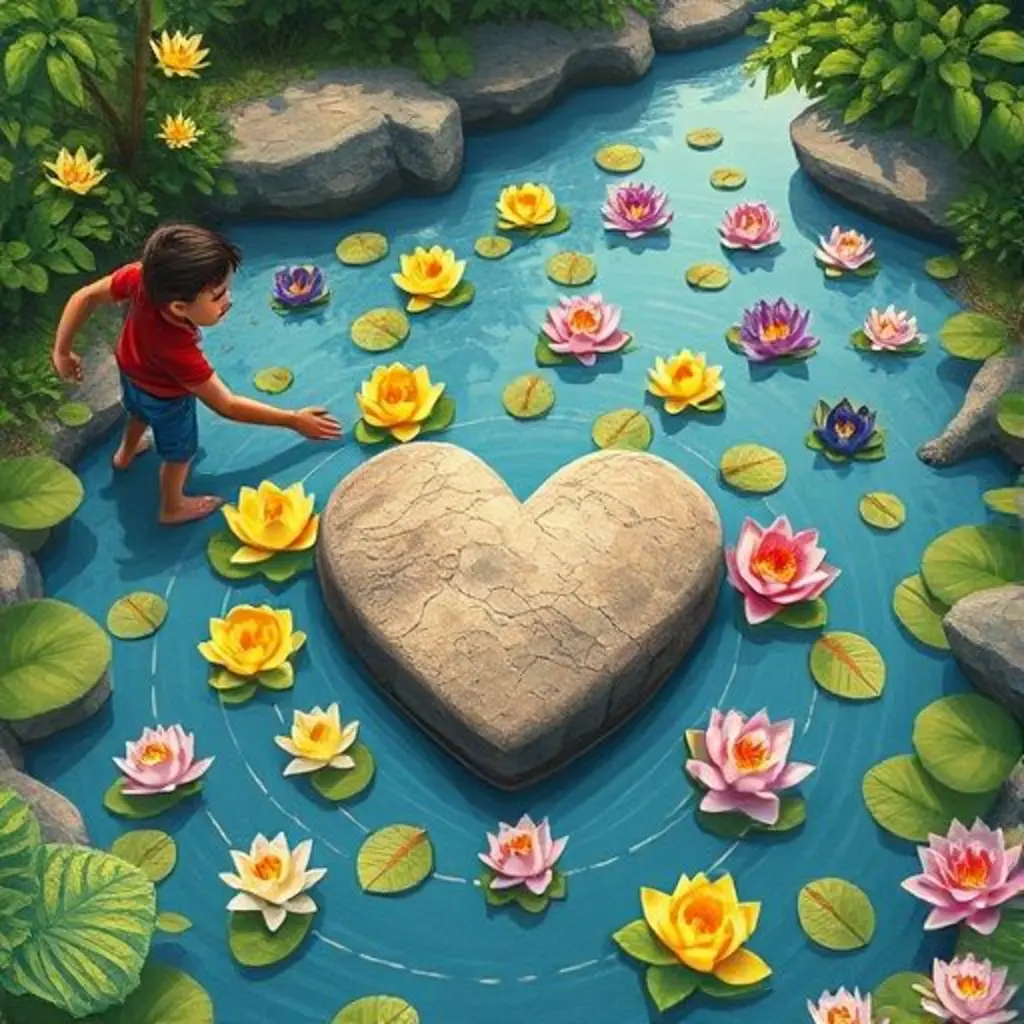 Leo y la piedra Corazón de Río creando un mosaico de nenúfares de colores en el río.