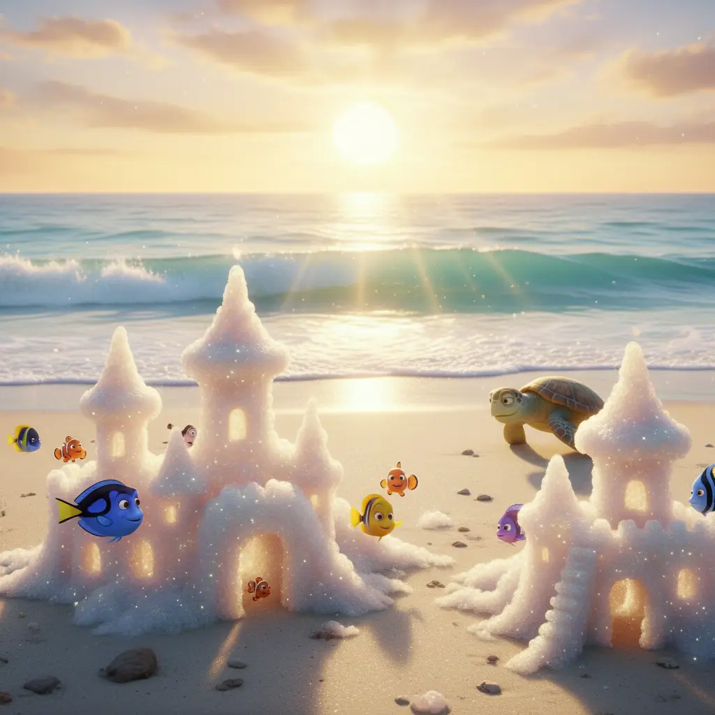 En la orilla, las perlas forman castillos de espuma brillante mientras los peces se preparan para jugar.