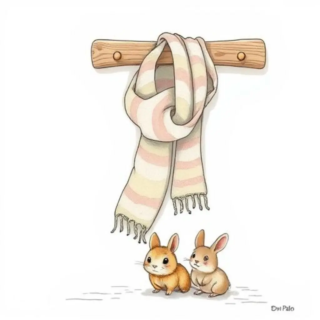 Lana, una bufanda triste, colgada en un perchero, observada por un conejito de polvo.