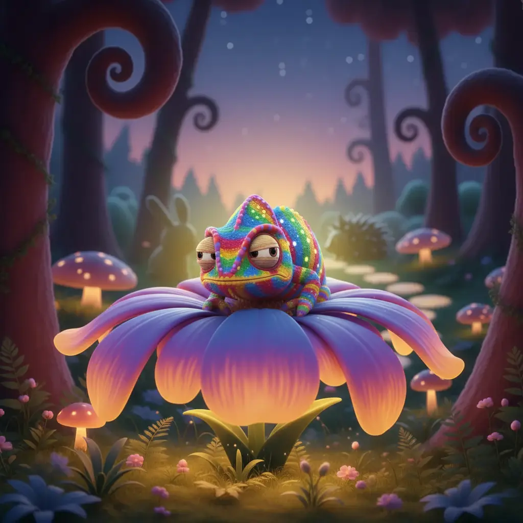 Camilo intentando esconderse detrás de una flor gigante, pero brillando demasiado.