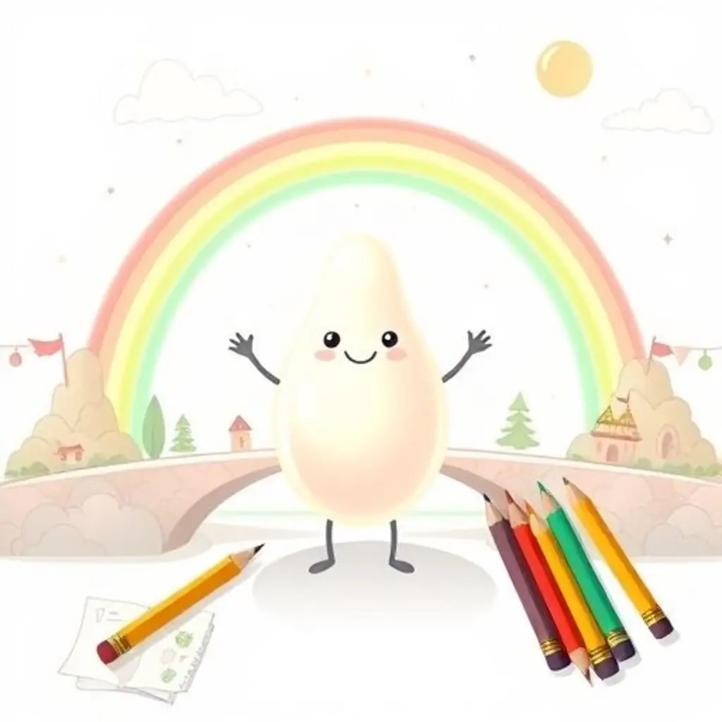 La cuenta Brillante orgullosa sobre un puente de arcoíris, rodeada de lápices admiradores.