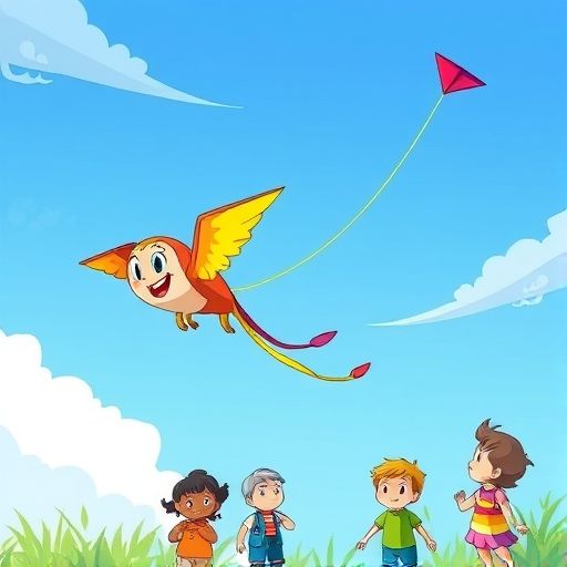 Colores, la cometa, dibujando alegremente figuras claras en el cielo para los niños.