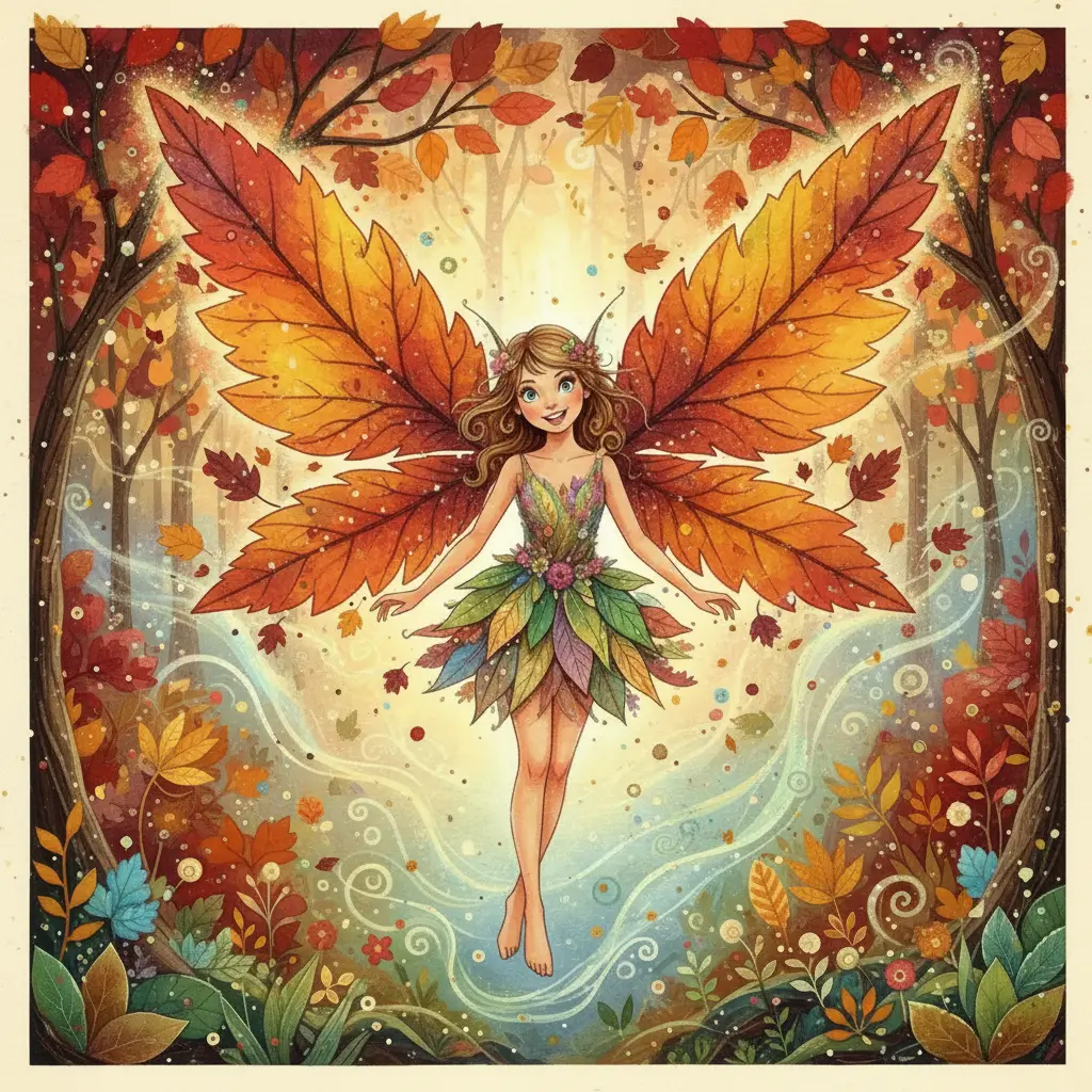 Las alas de Lyra se transforman en grandes hojas de colores brillantes y texturas visibles, sorprendiéndola y deleitándola.
