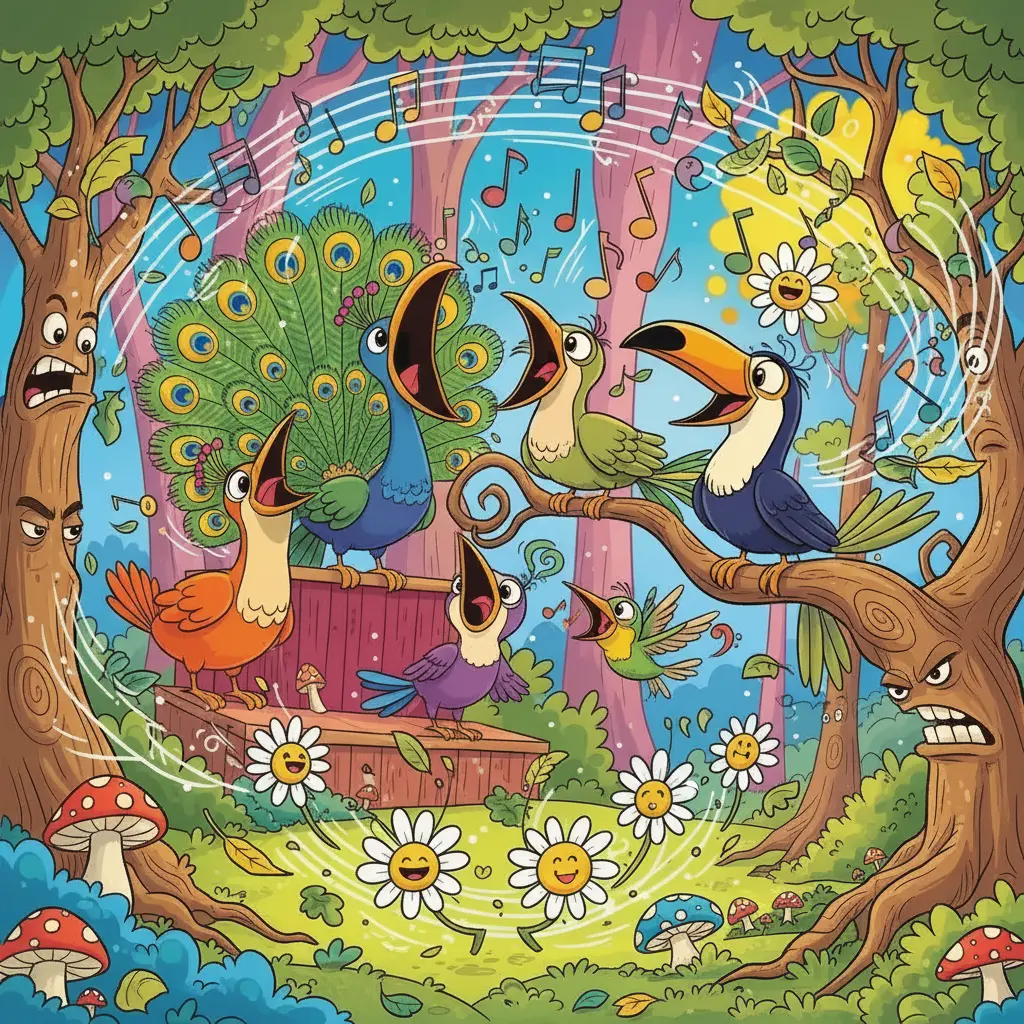 El segundo pájaro canta aún más fuerte. Las flores ya vuelan y bailan por el aire, mientras algunas hojas de los árboles empiezan a soltarse.