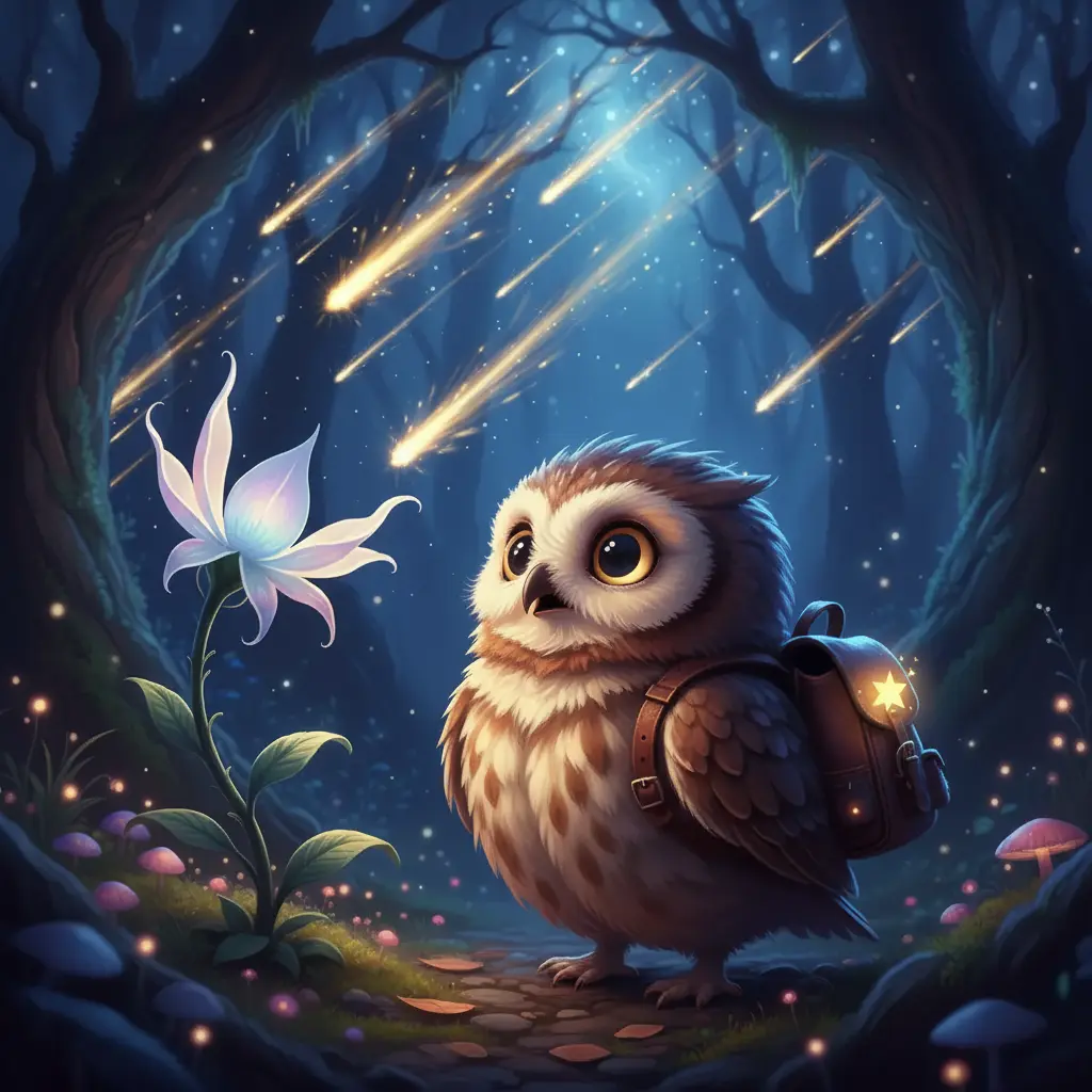 Nocturno mira al cielo, donde estrellas fugaces cruzan la noche. Una de ellas se desliza suavemente hacia su mochila vieja.