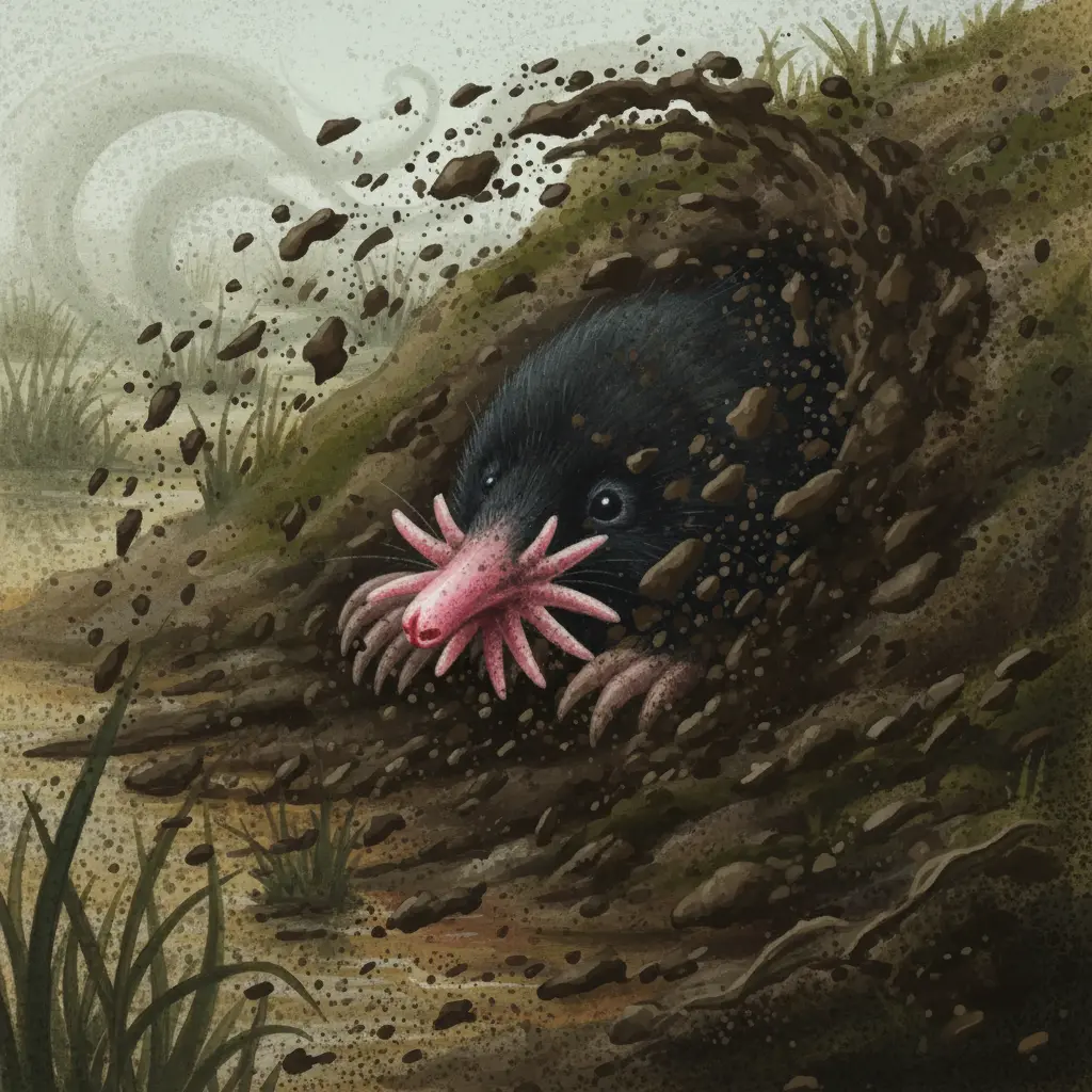 El topo excavando con fuerza usando sus grandes garras delanteras, lanzando tierra hacia atrás.