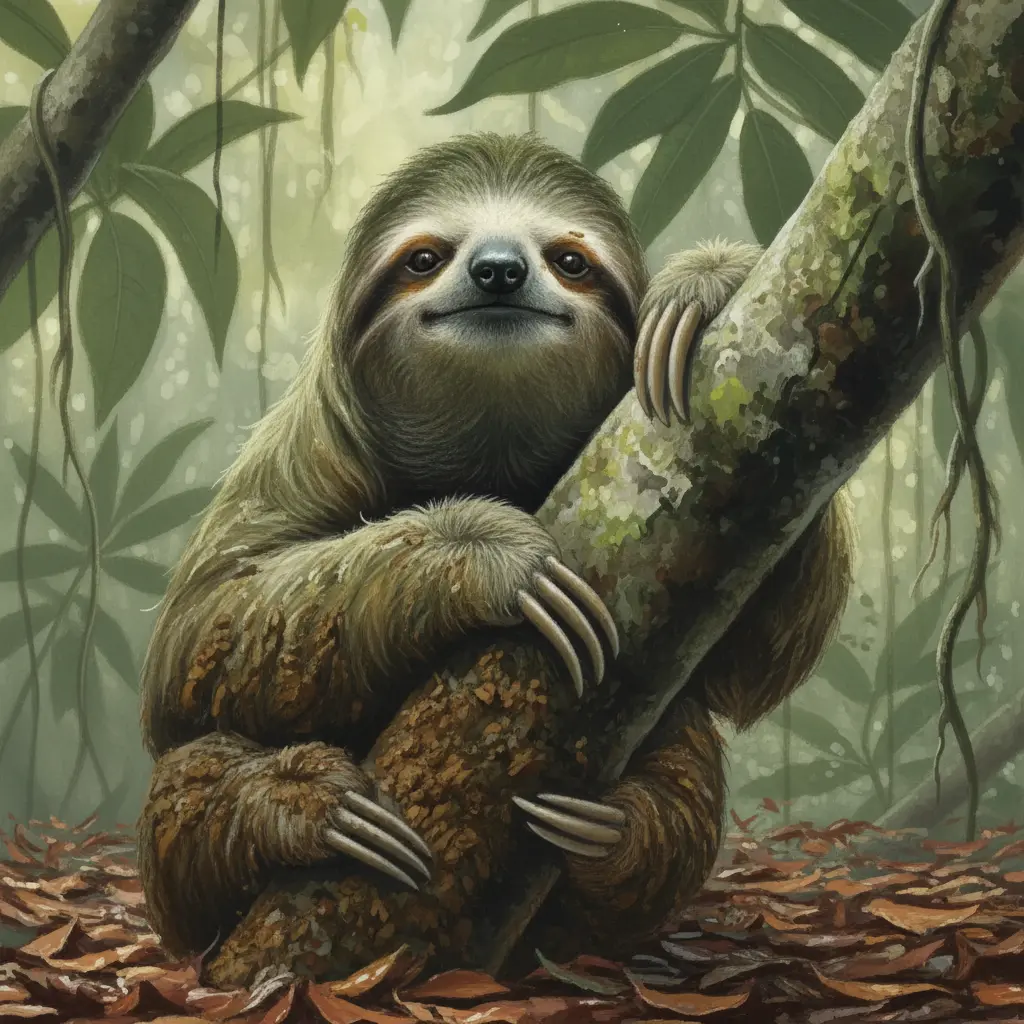 El perezoso en la base del árbol comenzando a subir de nuevo tras tocar el suelo húmedo.