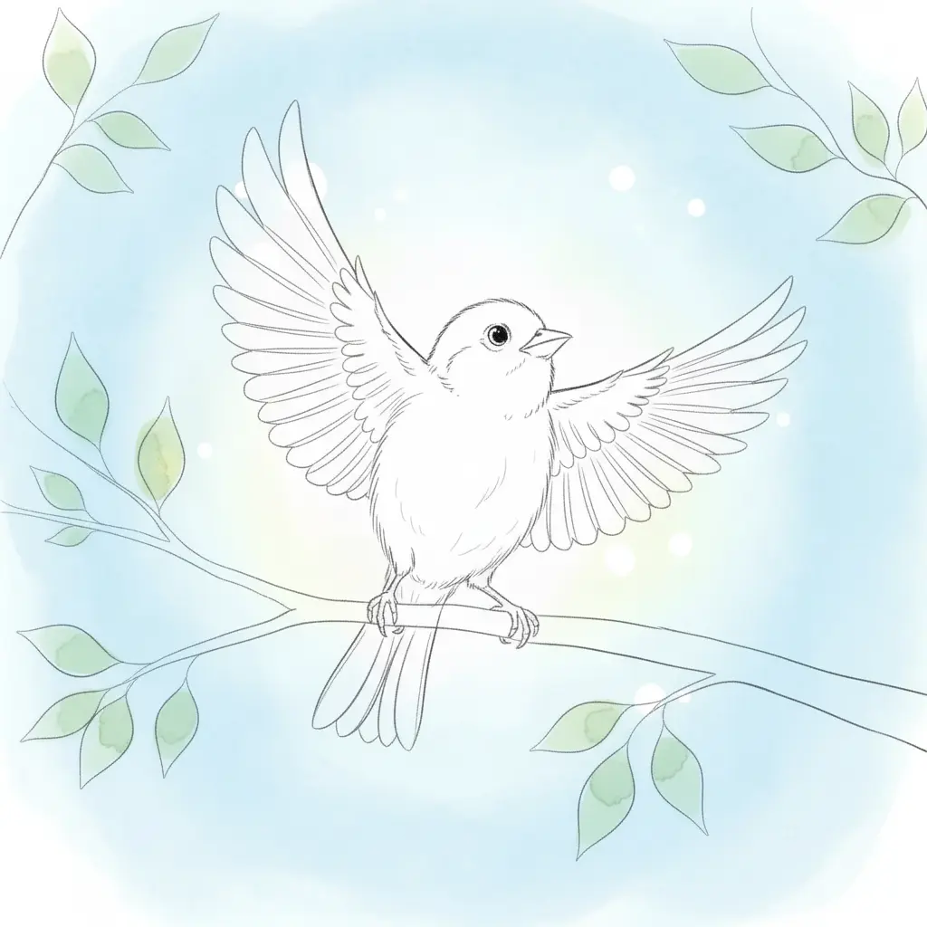 Cantorín, un pajarito, se estira en una rama bajo el sol de la mañana.