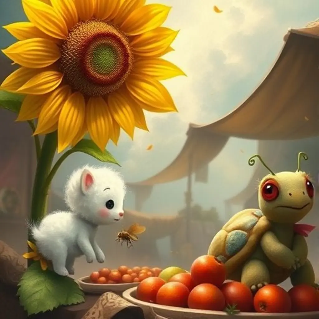 La girasol Girasola explica a Podom, Lila y Rolo que las bolitas son canicas, no bayas.