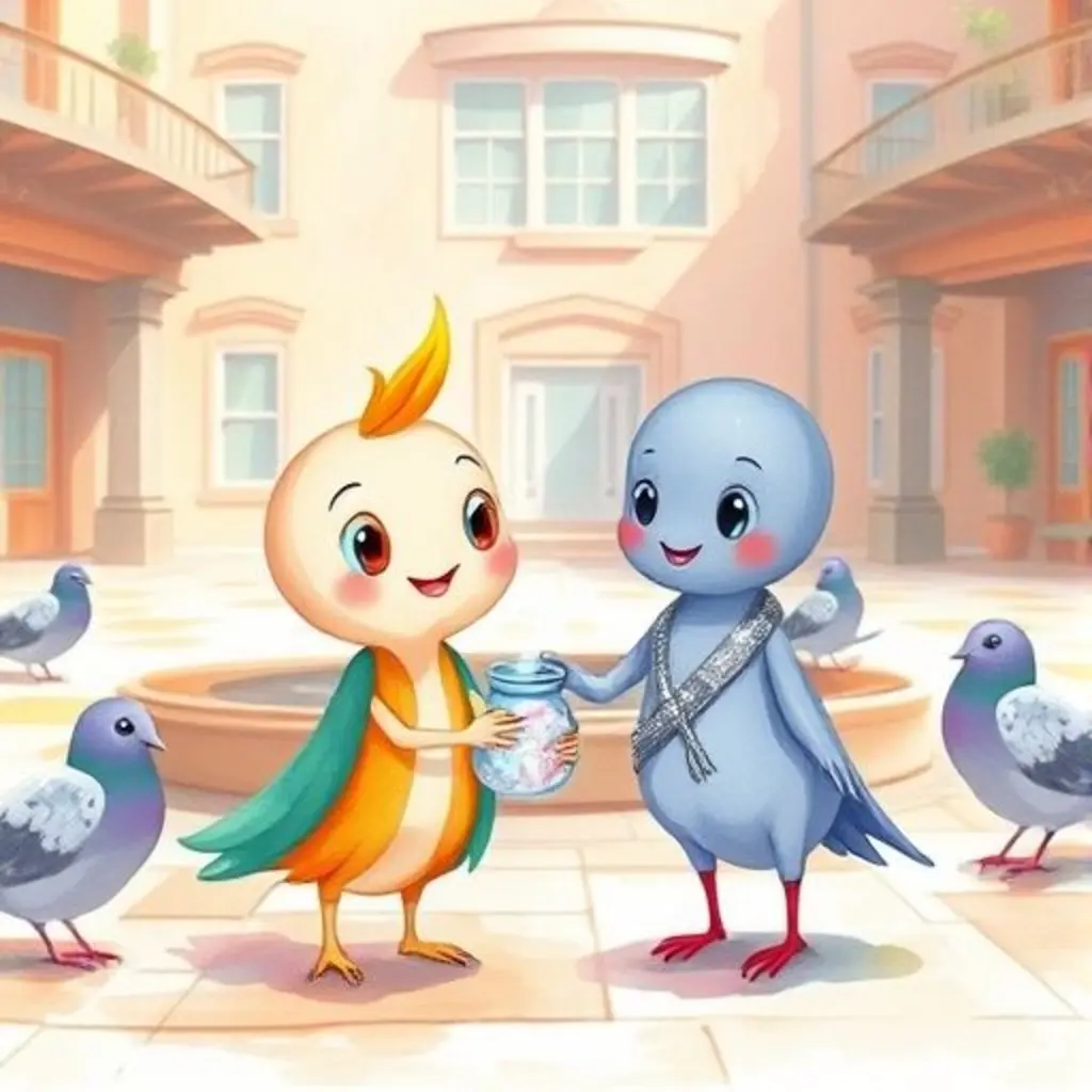 Ritin sonríe con su frasco de chispitas gracias a la ayuda de Pili la paloma.