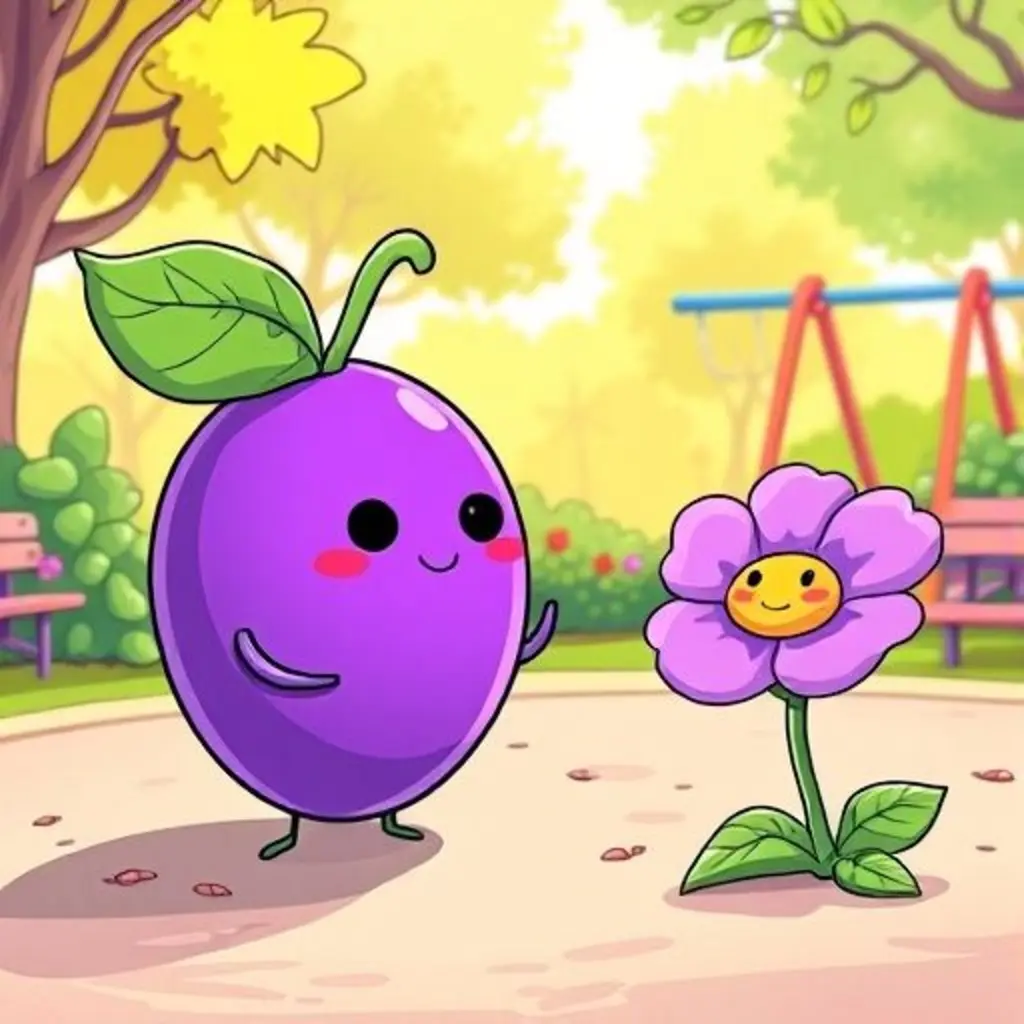 Nara, la baya brillante, se acerca a Florinda, una florecita morada.