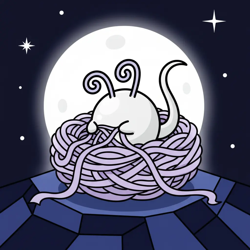 Zori teje un nido redondo usando cintas de color lavanda en un suelo azul oscuro.