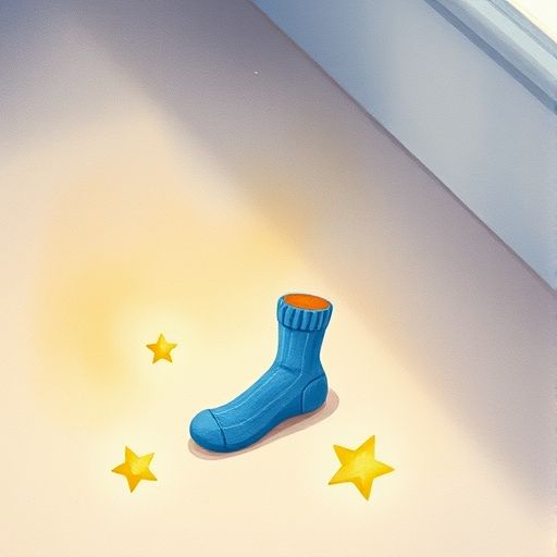 El calcetín azul sigue una fila de tres estrellas danzarinas, casi tropezando.