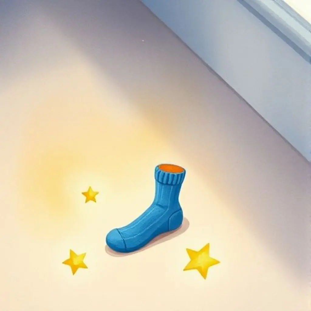 El calcetín azul sigue una fila de tres estrellas danzarinas, casi tropezando.