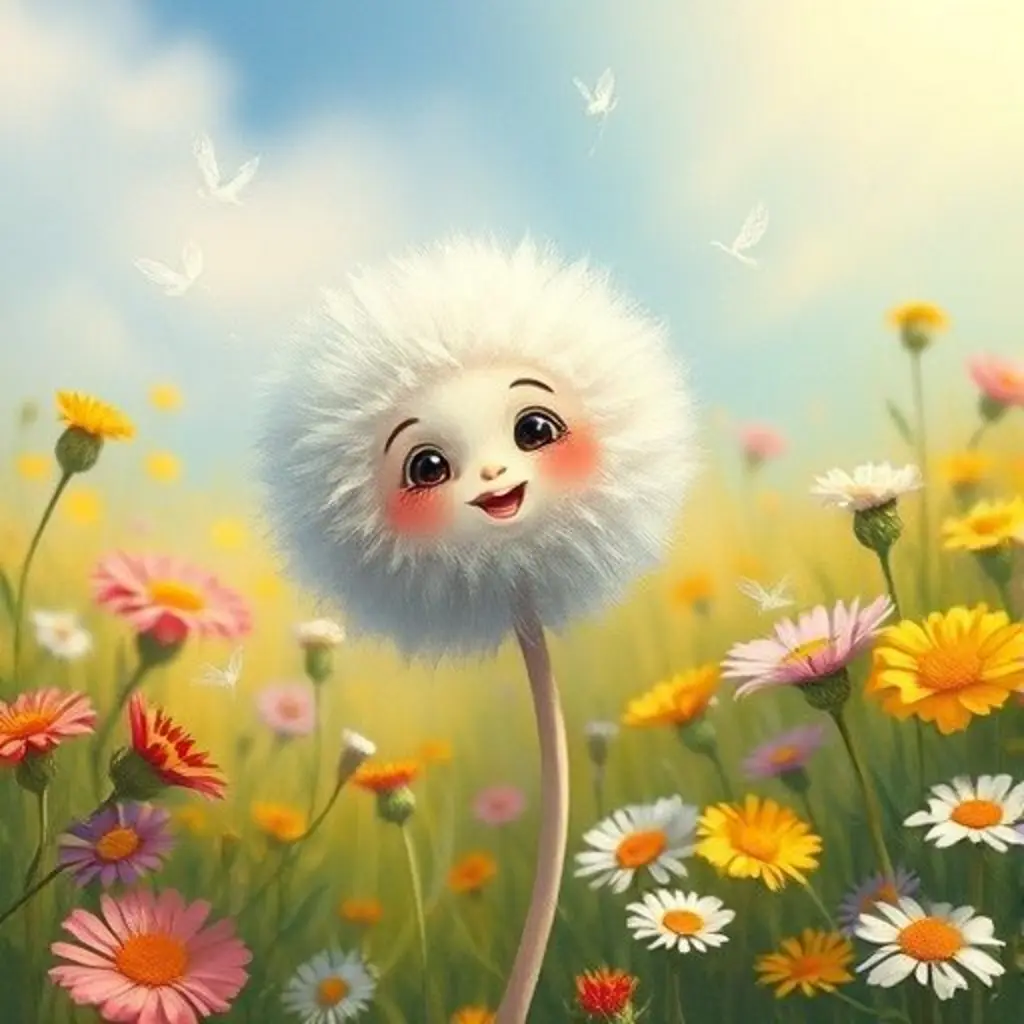 Volador, una semilla de diente de león, flotando feliz en un prado soleado.