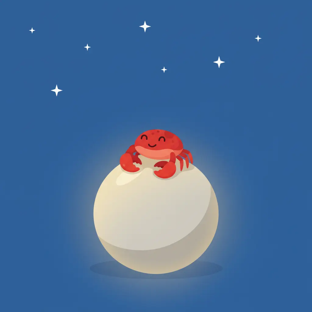 Clic el cangrejo está acurrucado sobre Calientito, ambos se ven contentos al anochecer.