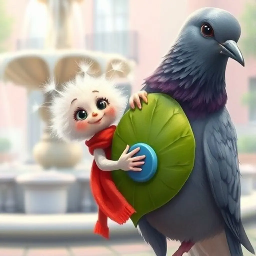 Mino abraza a la paloma Paloma mientras ella le ayuda a encontrar su botón azul.