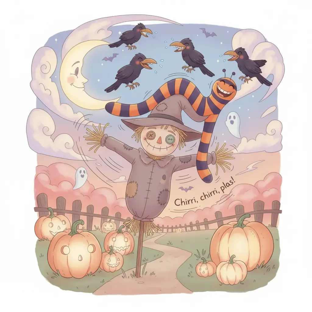 Patoso se ríe sobre la cabeza del espantapájaros, cuyos brazos de paja bailan desgarbadamente, rodeados de cuervos que ríen a carcajadas.