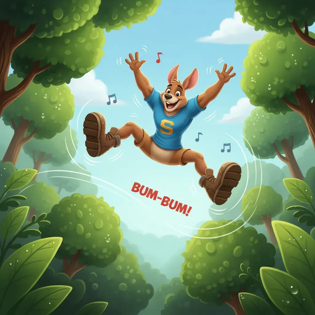 Saltarín rebota felizmente, soltando risitas con cada '¡BUM-BUM!' elástico.