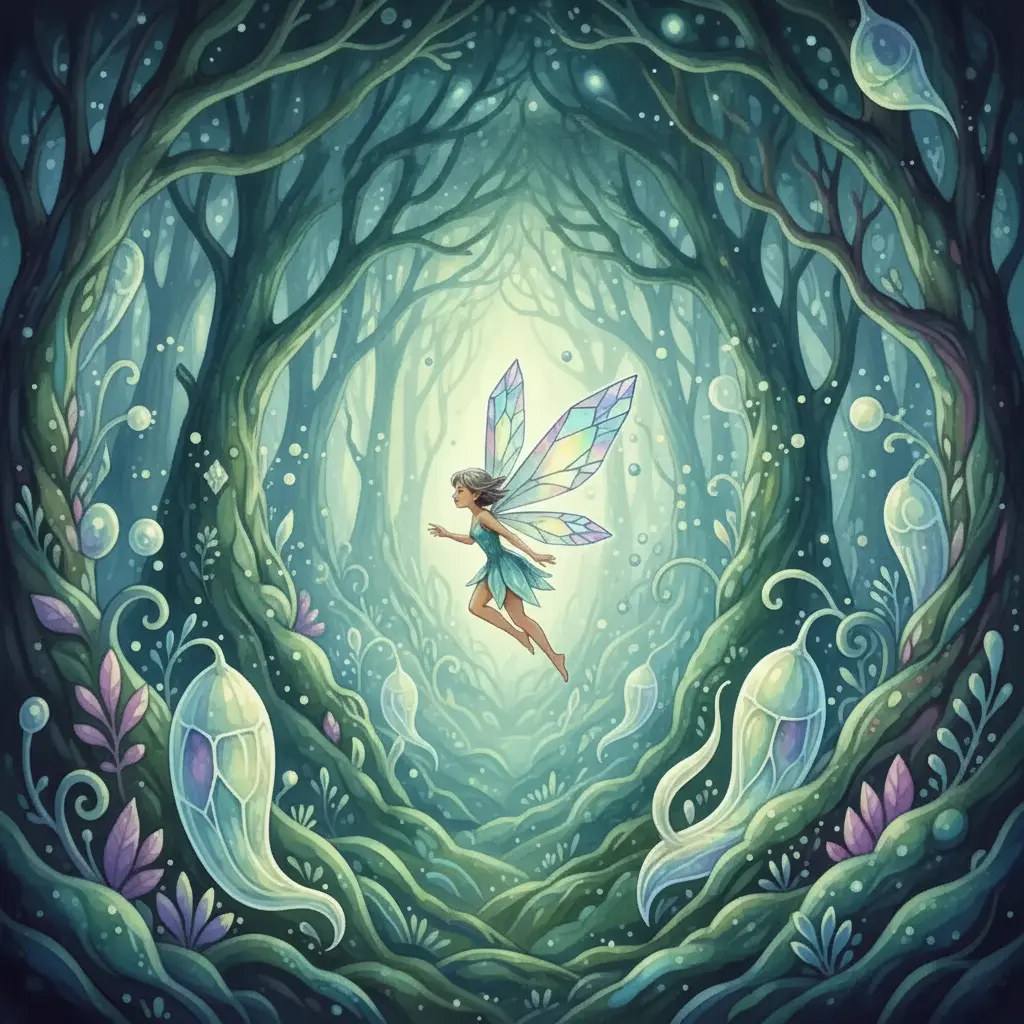 Un hada pequeña con alas de cristal vuela hacia un bosque mágico.
