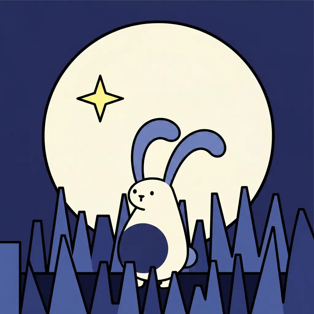Susa, una criatura de color crema con orejas largas de color malva, sentada en la hierba azul bajo una estrella.