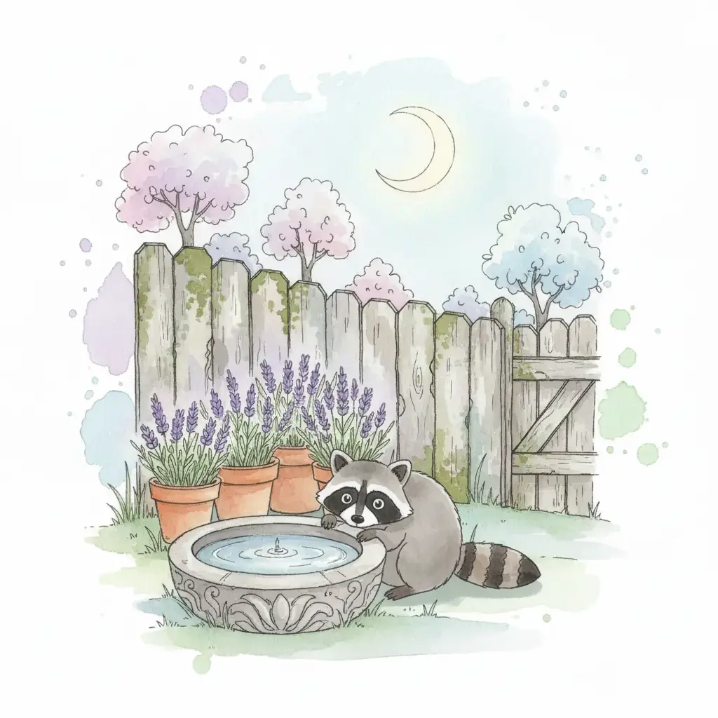 Se revela el antifaz oscuro y los ojos brillantes del animal junto al cuenco de agua.