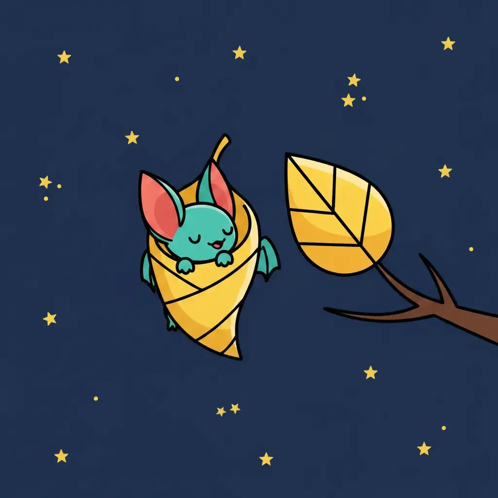 El murciélago Pip se mete dentro de la hoja dorada, que se cierra suavemente a su alrededor.