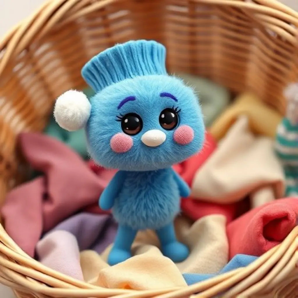 Calcetín Pompón, un calcetín azul y suave, solo en una cesta de ropa sucia.