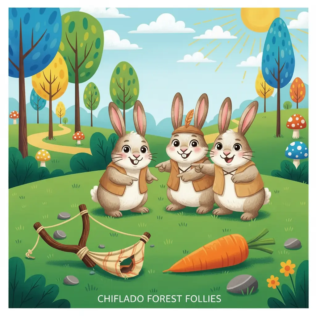 Tres conejos traviesos en el Bosque Chiflado, planeando algo con un tirachinas gigante.